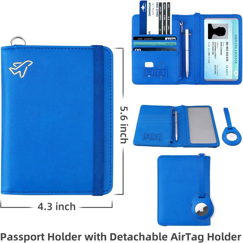 WALNEW AirTag Passport Holder, PU Leather Airtag Wallet RFID Blocking Passport Cover Travel Essentials Case for Women Men (Blue) - Image 4